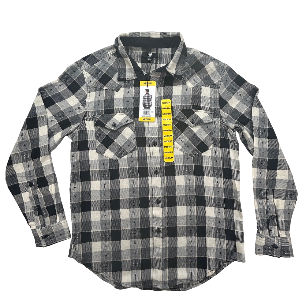 Frye Shirt Mens Medium Jacquard Flannel Heather Grey Plaid Long Sleeve New